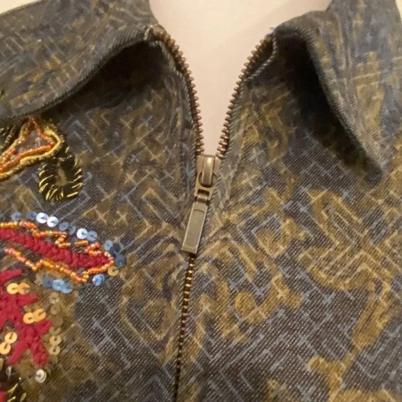 Chico’s Mottled Stretch Denim Jacket Sequin Floral - Picture 9 of 12